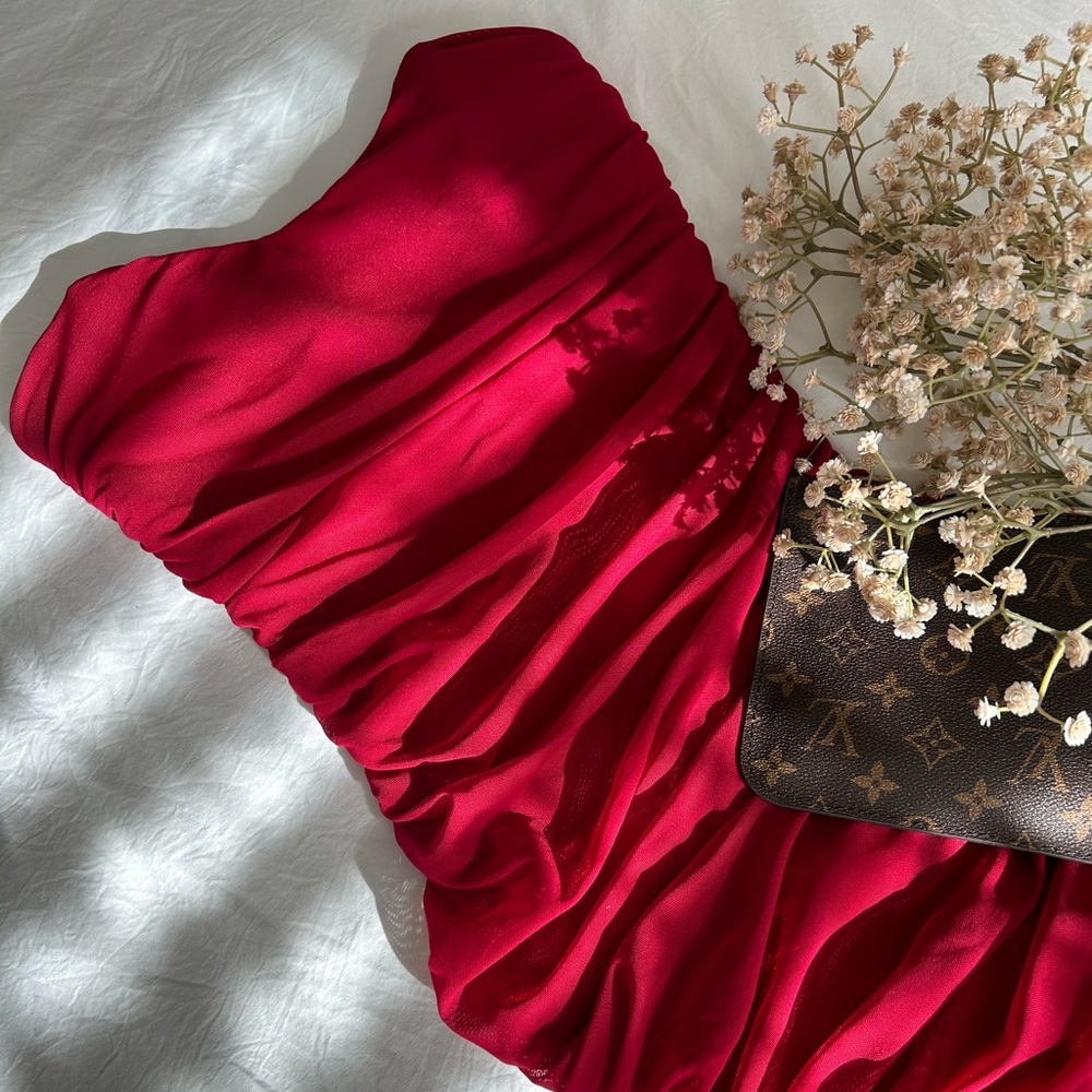 Red ruched midi dress